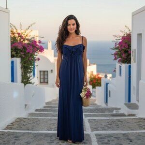 Navy Blue Boho Ruffle Hem Empire Waist Maxi Dress • Cottagecore Croquette Boho S